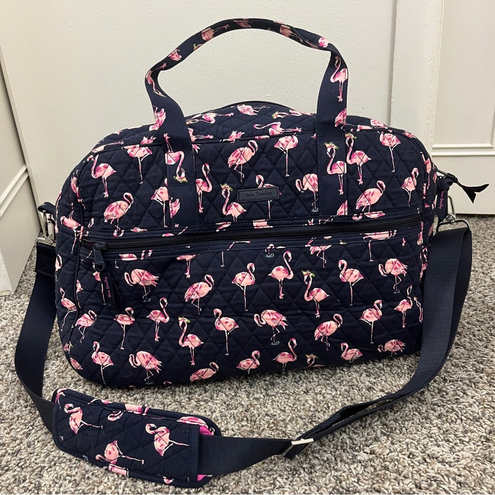 Flamingo Print Quilted Vera Bradley Women's Duffel Travel Bag Navy pink